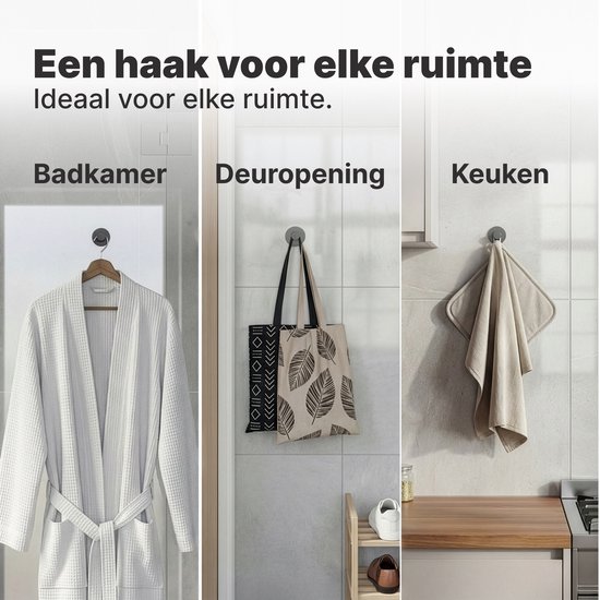 Drie voorbeelden van gebruik: een badjas in de badkamer, een tas bij een deuropening, en een handdoek in de keuken.