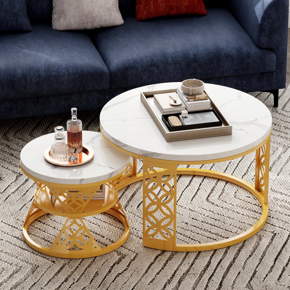 MIVRAY Hoogglans Salontafel Set Van 2 - Rond Marmerlook MDF Tafelblad - Goud Metaal Frame - Modern Stapelbaar - 70×70×45 & 45×45×37 Cm - Wit En Goud