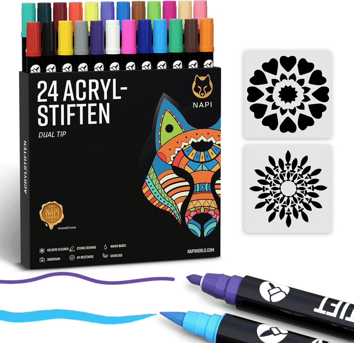 NAPI 24 Acrylstiften Dual Tip - Twinmarkers - Verfstiften Happy Stones - Stenen Schilderen met Acryl Verf Marker Stiften - Volwassenen en Kinderen - Incl. 2 Mandala Sjablonen