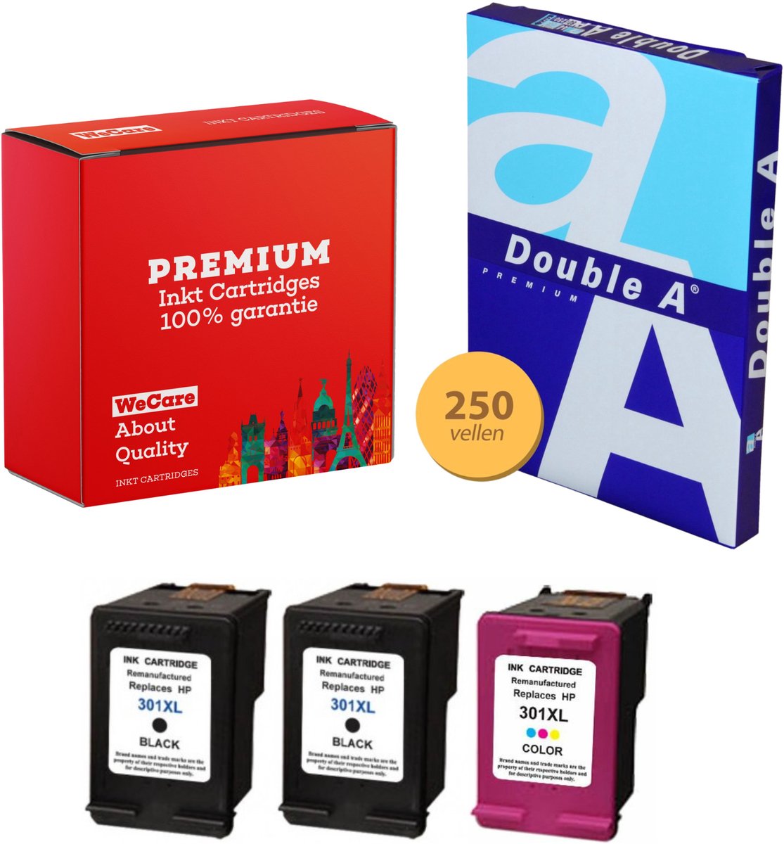3-pack Geschikt voor HP 301XL Inktcartridges + pak DoubleA papier - Geschikt voor HP Deskjet 1000 - 3510 - HP Envy 4500 - 5530 - Officejet 2620 - 4630