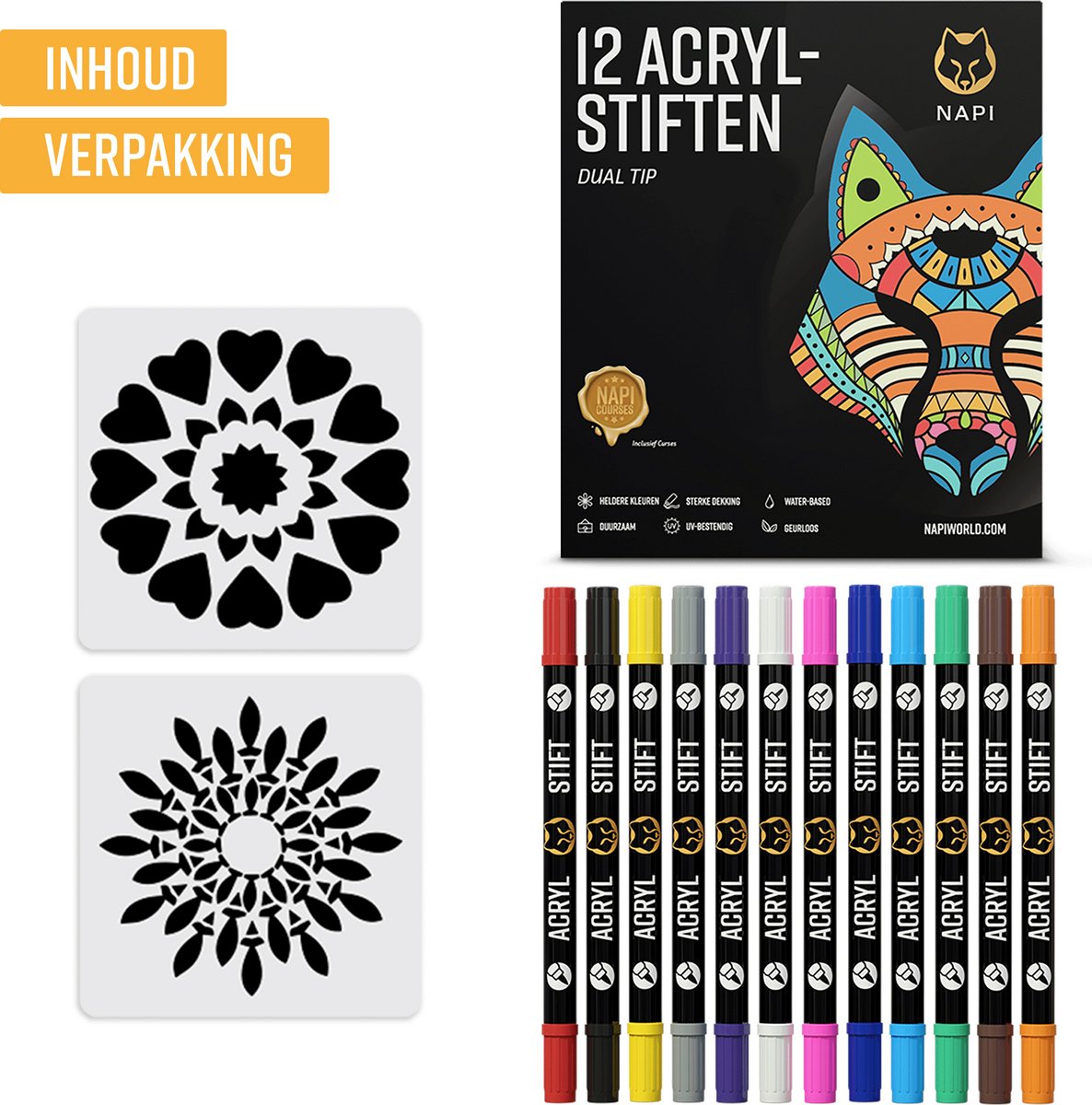 Napi Acrylstiften 12st - Brush en Fine Tip Twinmarkers - Verfstiften Happy Stones - Stenen Schilderen met Acryl Verf Marker Stiften - Volwassenen en Kinderen - Incl. 2 Mandala Sjablonen — afbeelding 9
