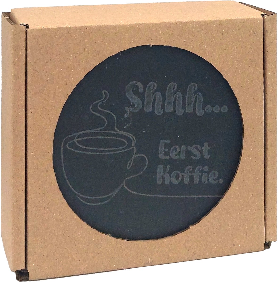 Coaster Rond (5 stuks) - Shhh... Eerst koffie - Met tekst gegraveerd - Natuursteen - Cadeau
