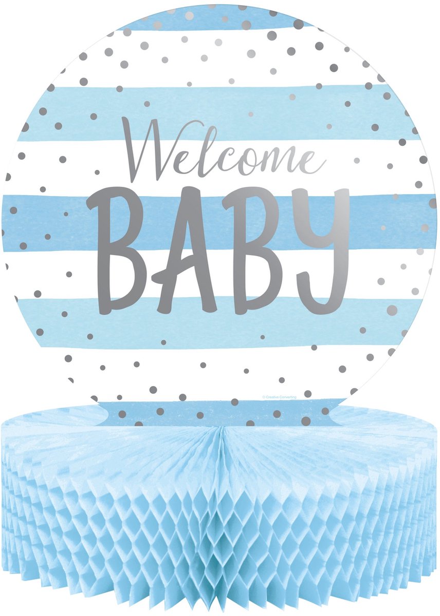 CREATIVE PARTY - Blauw en wit Welcome Baby honingraat tafelstuk 23 x 30,5 cm