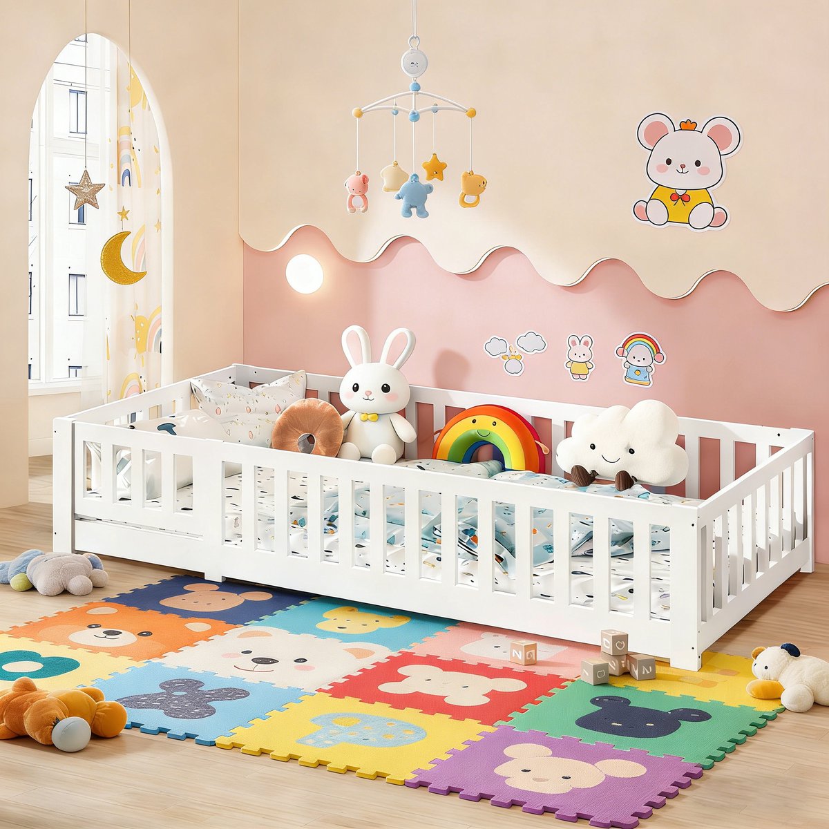 BursDany Montessori Kinderbed 90x200 cm - Versterkt massief houten frame met veiligheidshek en schaalbare lattenbodem, eenpersoonsbed voor jongens en meisjes - Minimalistisch ontwerp wit (zonder matras)