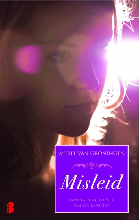 Boek "Misleid" van Merel van Groningen. Een close-up van een meisje met paarse belichting.
