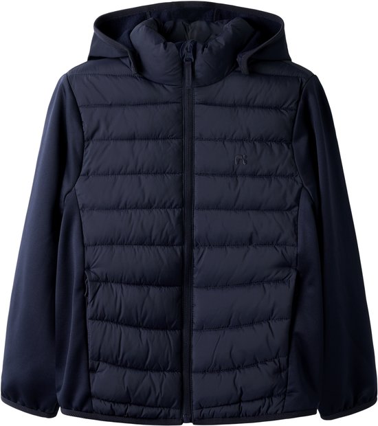 Veste hybride bleu marine à capuche, devant matelassé et logo.