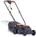 Zwarte elektrische FUXTEC grasmaaier met oranje accenten, van de zijkant gezien.
