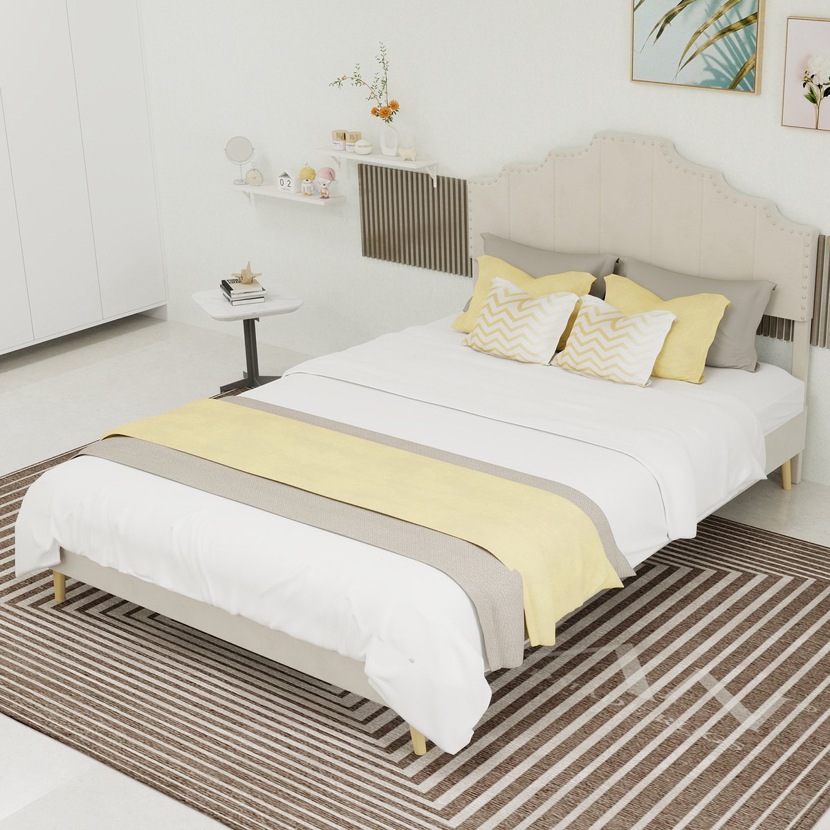 REDOM gestoffeerd bedframe 140x200 cm – Stof + metaal beige – Geometrisch hoofdbord met siernagels – Lattenbodem – 2 pakketten