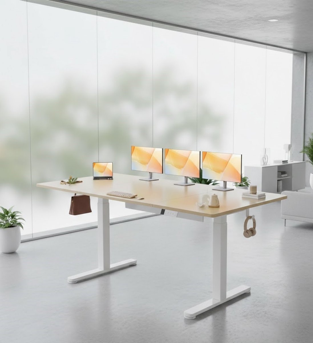 Elektrisch In Hoogte Verstelbaar Bureau - 160x80 cm - Ergonomisch Staand Bureau met 3 Geheugenfuncties, Anti-Botsingsbeveiliging en Stabiele T-vormige Poten - Beige A-Furniture