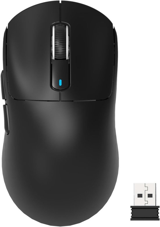 Souris de jeu sans fil noire avec molette et voyant bleu, à côté d'un récepteur USB noir.