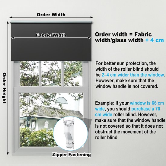 Een antracietkleurig rolgordijn met een breedte van 70 cm, geïnstalleerd op een raam. Afbeelding toont 'Order width = Fabric width/glass width + 4 cm'.