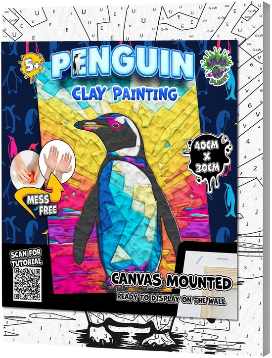 De verpakking van de kleischilderkit "Penguin", 40 x 30 cm, 'mess-free', met een pinguïn op een kleurrijke achtergrond.