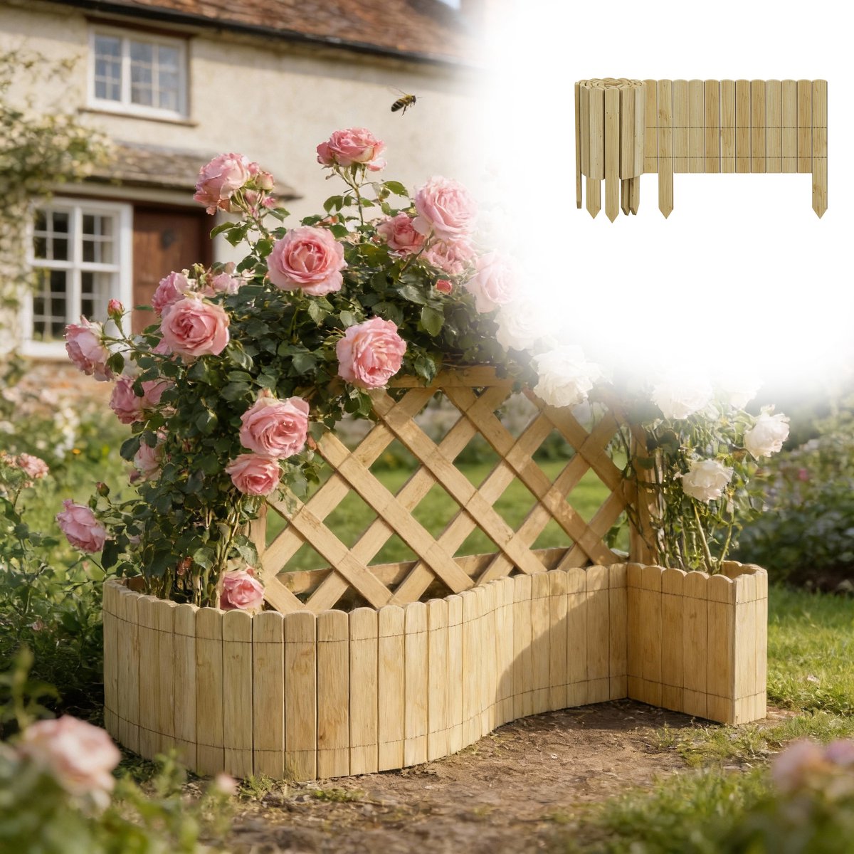 Aufun Flexibele grenenhouten schutting, tuinranddecoratie - 30×200 cm Natuurlijke houtkleur - Geschikt voor het markeren van paden, tuin- en gazongrenzen.