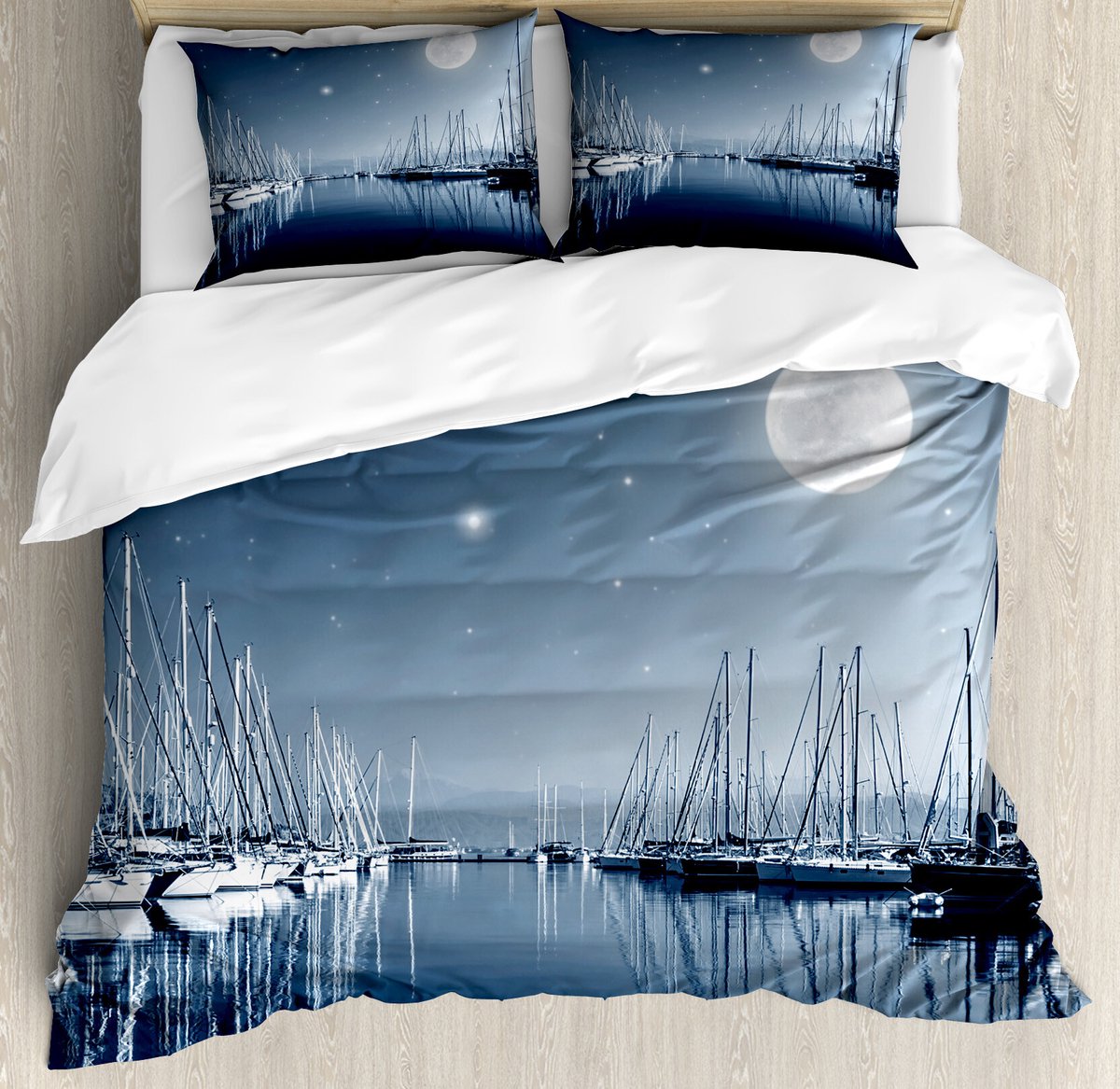 ABAKUHAUS Dekbedovertrekset met bootmotief voor tweepersoonsbedden, rustgevende jachthaven bij maanlicht, inclusief kussenslopen, 200 x 200 cm