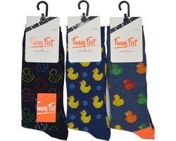 Funny Feet socks - Happy Duck Heren kousen - cadeau - grappige mannen sokken - 3 paar - Maat 39/42 - comb blauw