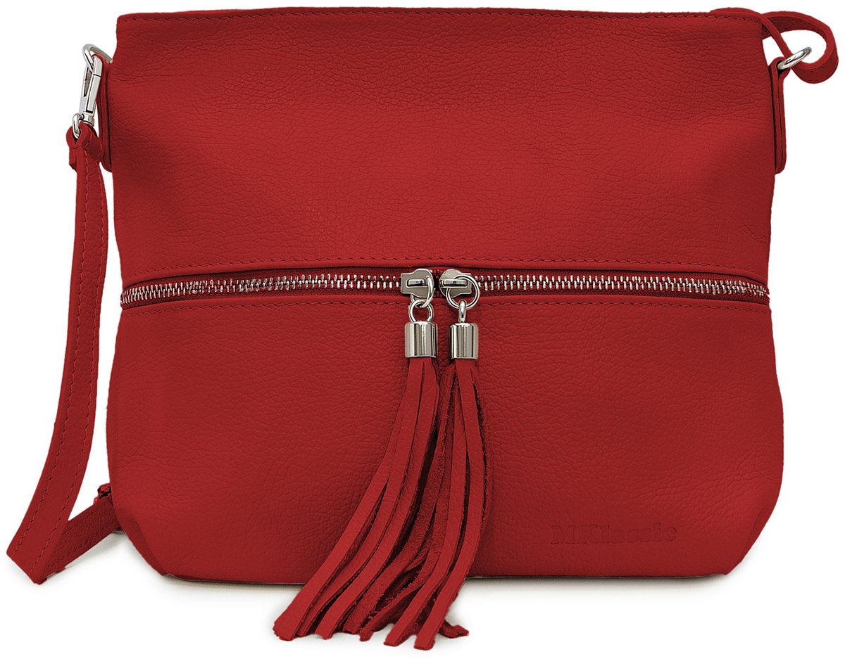 MKlassic Italiaanse damesleren handtas Rood– Elegante schoudertas met kwastje en Koperen accenten – Hoogwaardige schoudertas van echt rundleer voor dagelijks gebruik en zakelijk gebruik - Made in Italy - MK05-300-71