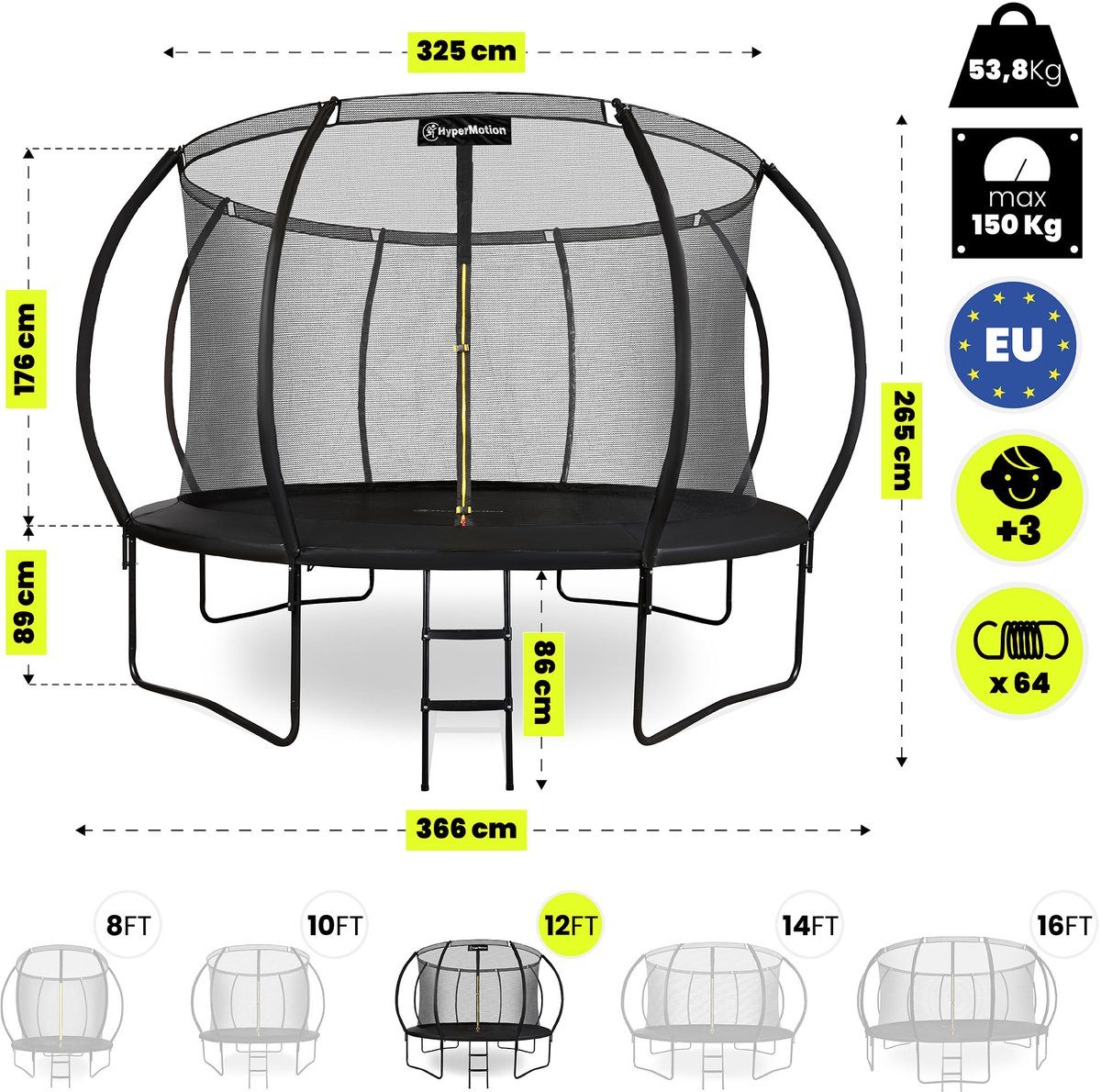 HyperMotion Kindertuintrampoline 3+, trampoline met ladder en binnennet voor huis en tuin, kinderspeelplaats, kindertrampoline, dubbele poten, 366 cm, 12 ft — afbeelding 18