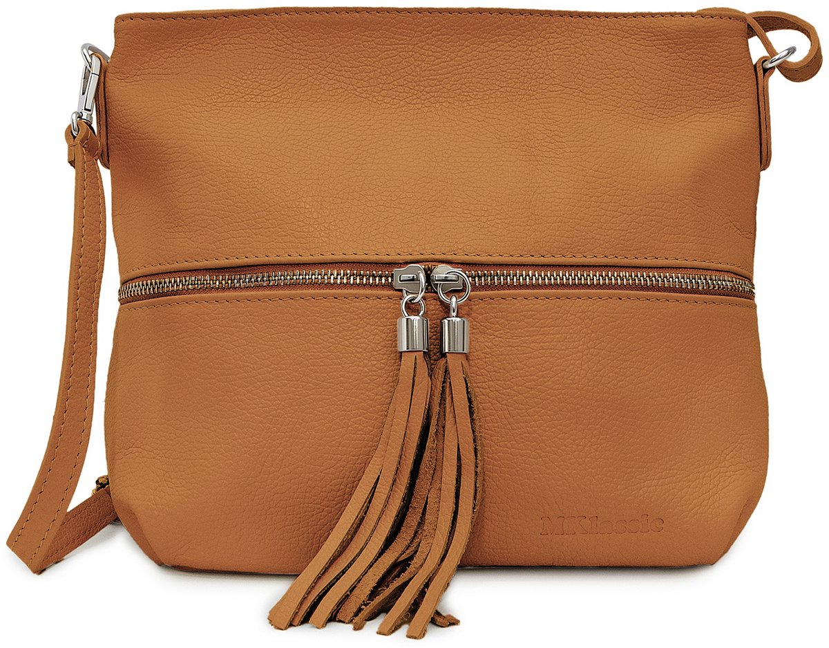 MKlassic Italiaanse damesleren handtas Bruin – Elegante schoudertas met kwastje en Koperen accenten – Hoogwaardige schoudertas van echt rundleer voor dagelijks gebruik en zakelijk gebruik - Made in Italy - MK05-300-44