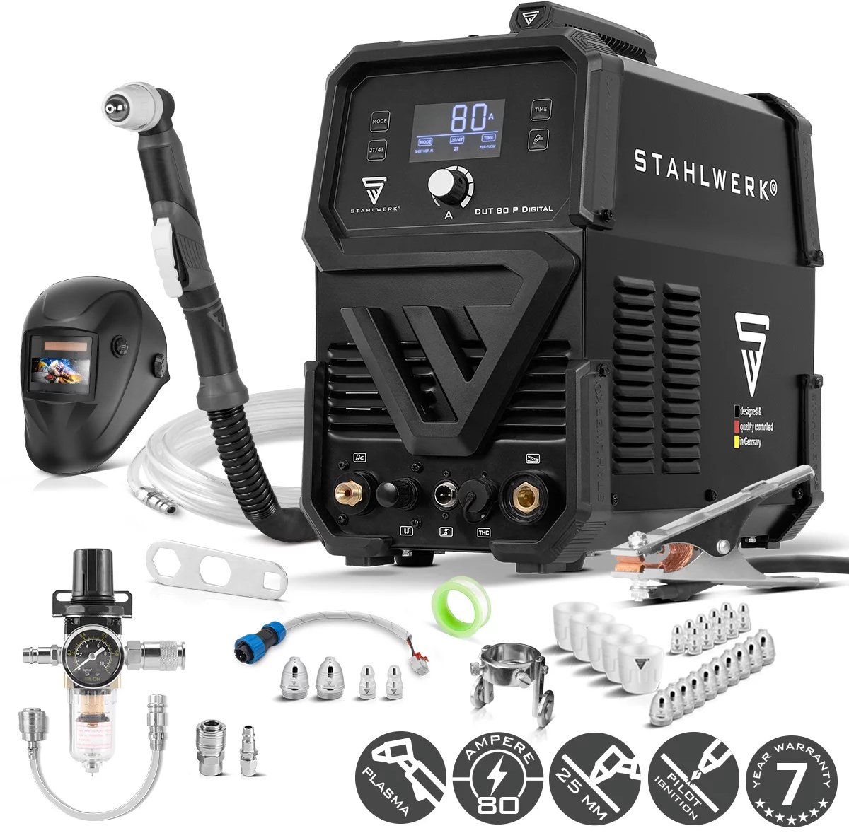 STAHLWERK plasmasnijder CUT 80 P Digital volledig uitgerust | 80 A inverter plasmasnijder | HF pilootontsteking | digitale display | THC interface voor CNC | snijcapaciteit tot 25 mm | plasmasnijder met 2T/4T functie