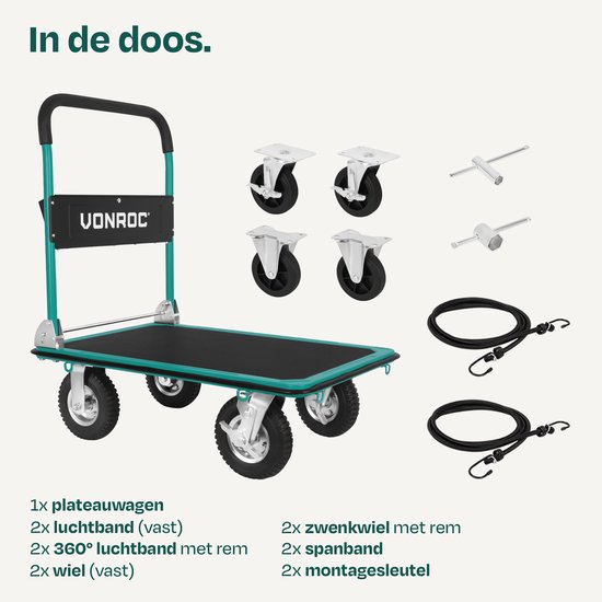 Inhoud van de doos: plateauwagen, luchtbanden, spanbanden, montageonderdelen en sleutels.