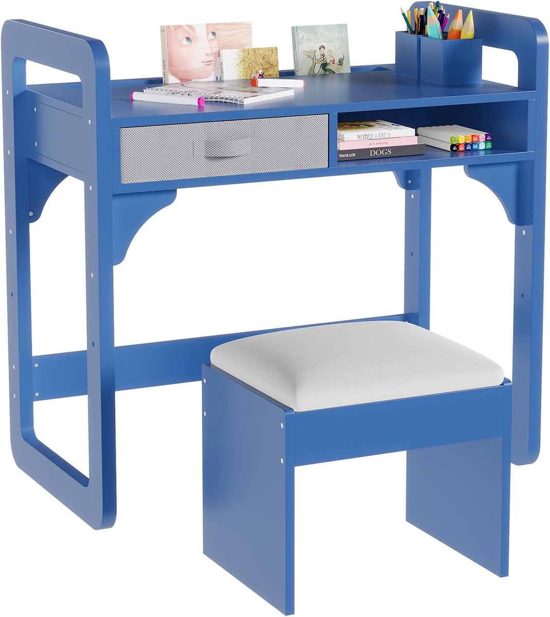Kindertafel met Stoel - Kinderbureau met 2 Lades - Studiebureau voor Jongens en Meisjes 3-8 Jaar - 86x46x80 cm - Blauw