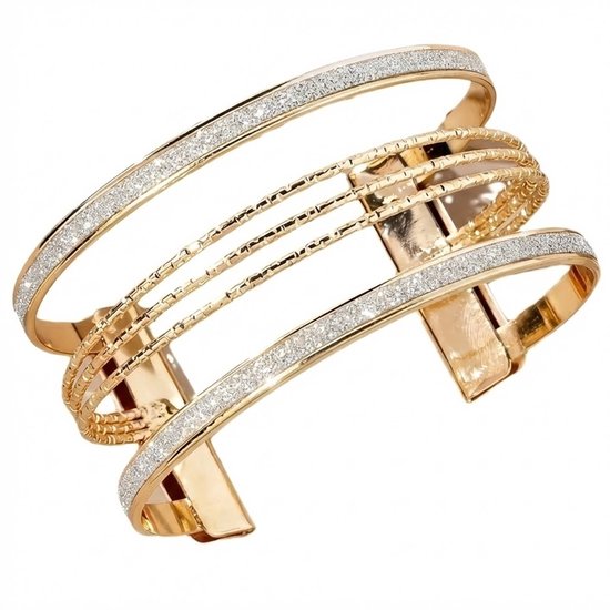 Bracelet jonc large couleur or pour femme avec des accents argentés scintillants et des lignes fines entre les deux – bracelet ouvert pour femme