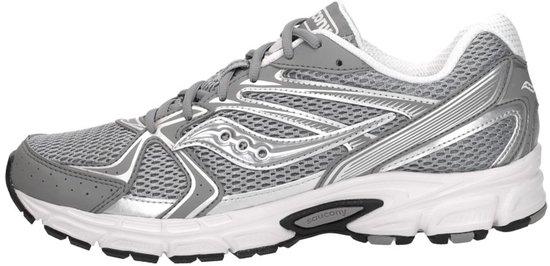 Grijze Saucony hardloopschoen met witte zool en zilveren accenten.