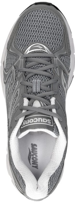 Grijze Saucony sportschoen van bovenaf gezien, met witte voering en veters.