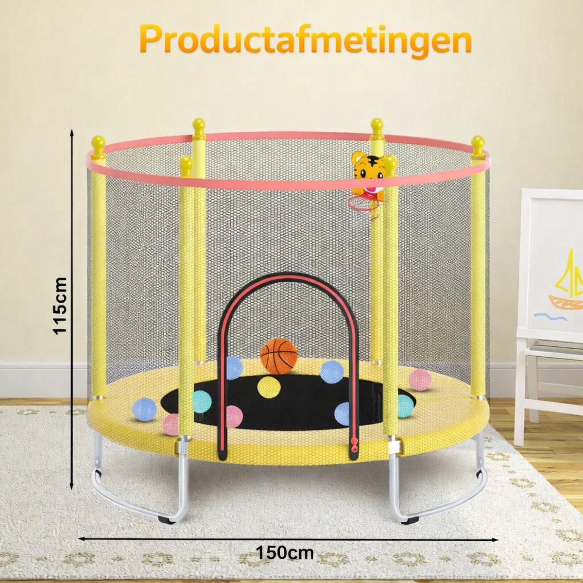 Kinder Trampoline-Ø150cm-Verhoogd veiligheidsnet-Stalen frame-Stabiele trampoline voor binnen/buiten-Geel — afbeelding 2
