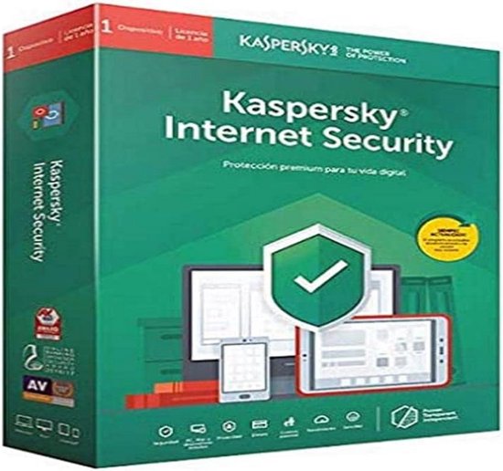 Kaspersky Internet Security softwaredoos met groen en wit ontwerp. Toont computers, een tablet en een telefoon.