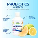 Een fles 'Encapsulated PROBIOTICS' met groene appel, grapefruit en citroen. Tekst: 'Easy to take - no pills to swallow.'