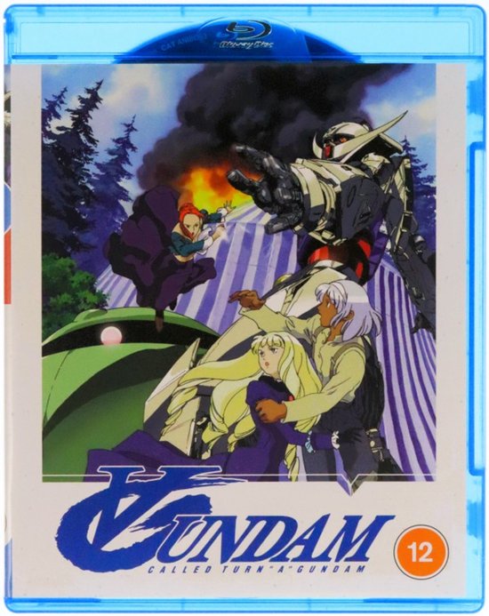 Blu-ray hoes met artwork van Gundam, robots en menselijke figuren met een explosie op de achtergrond.