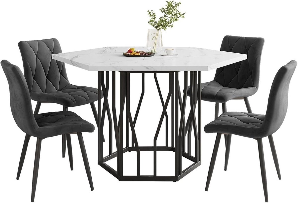Eetkamerset met 4 Stoelen en Zeshoekige Eettafel
