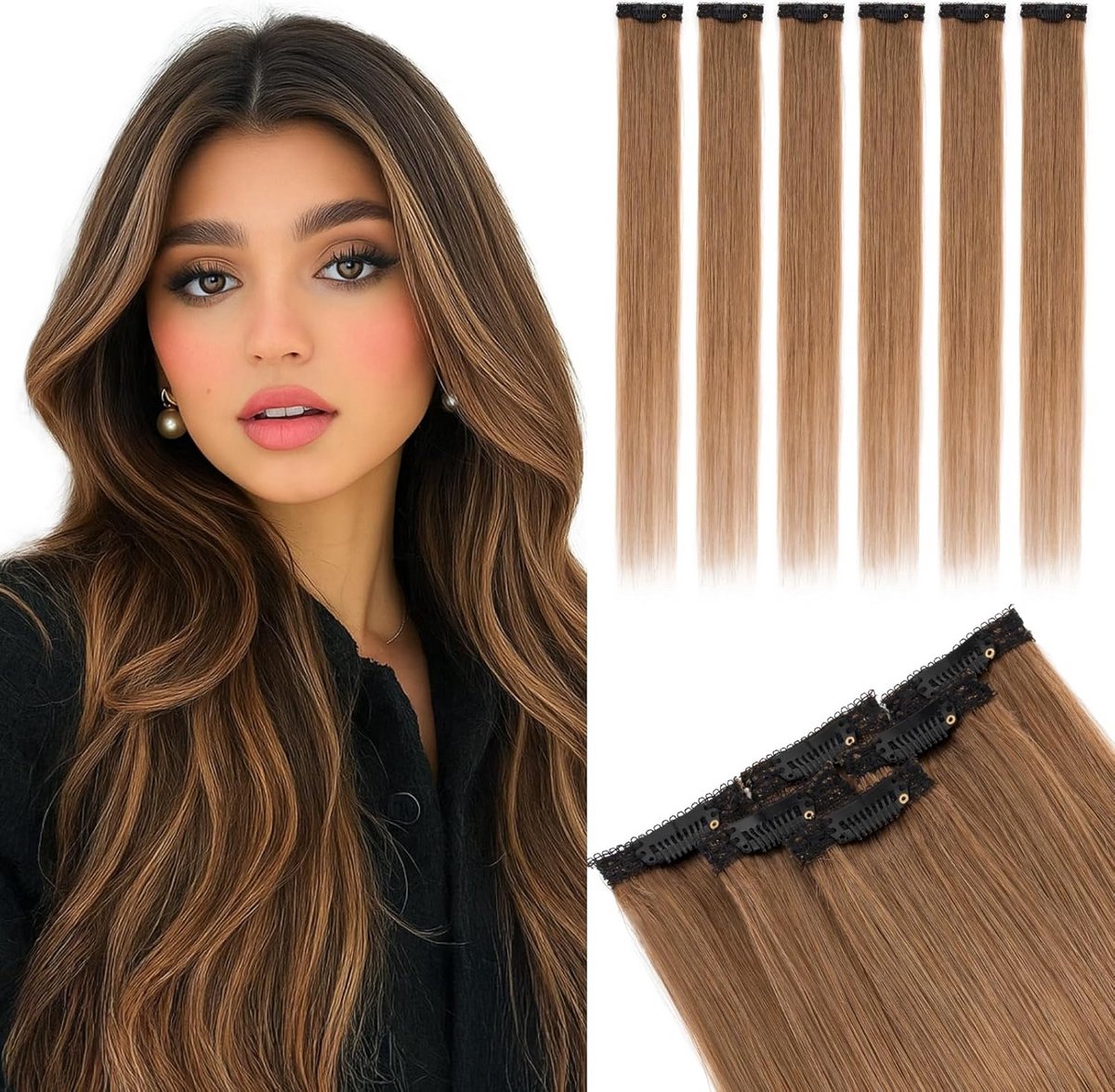 Clip-In Haarverlenging Echt Haar 6 Delen Rechte Lichte Highlights