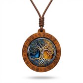 Bruine ronde hanger ketting voor heren – houten rand met levensboom illustratie in dag en nacht ontwerp