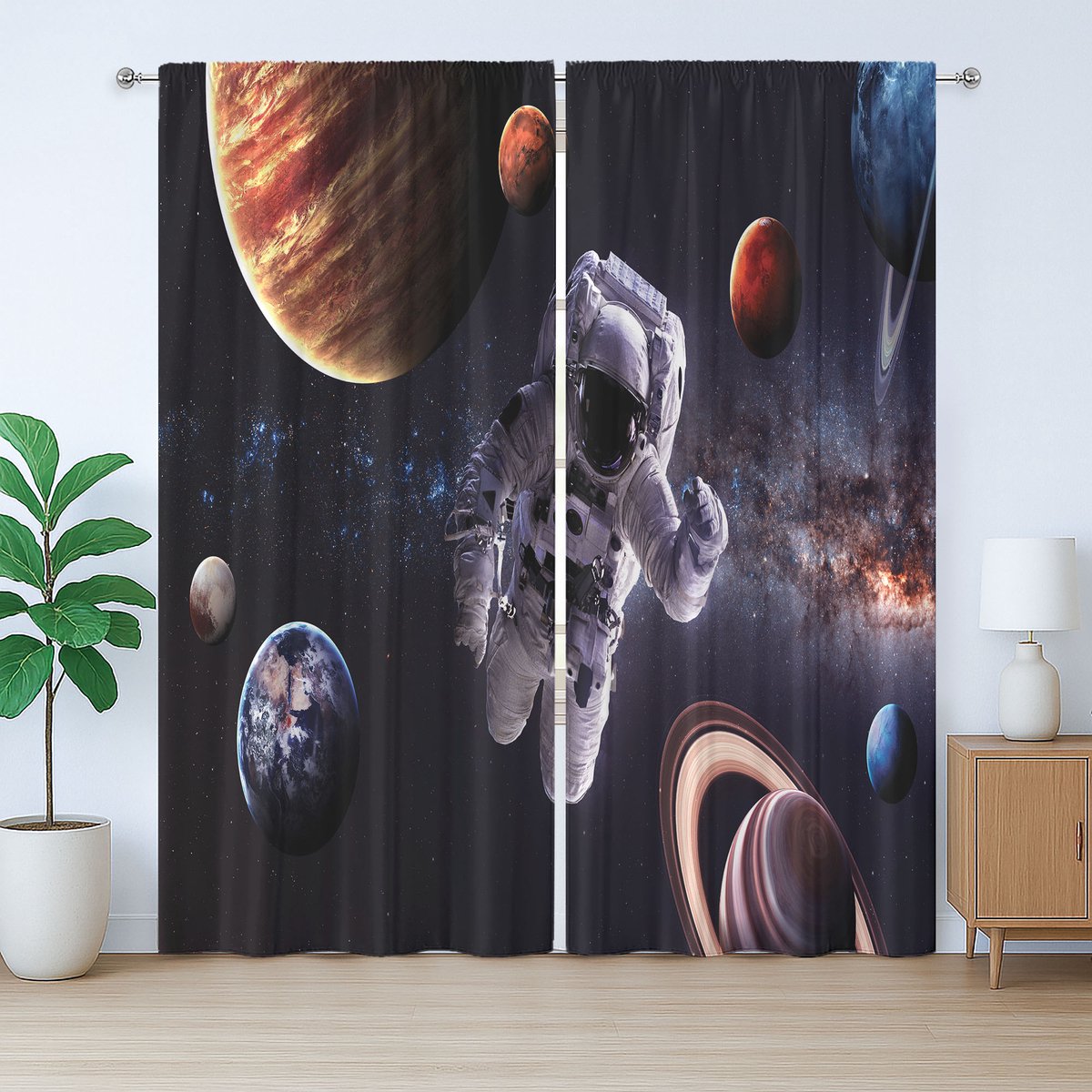 ABAKUHAUS Mist Rustiek Gordijn, Planeten en Sterrenstelsels, Geplooid Gordijn voor de Slaapkamer met Lussen en Haken, 280 x 175 cm, Zwart