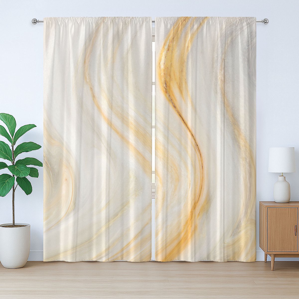ABAKUHAUS Ivoor-crème rustiek gordijn, golvend marmereffect, slaapkamergordijn met plooien en haken, 280 x 175 cm, oranjegrijs