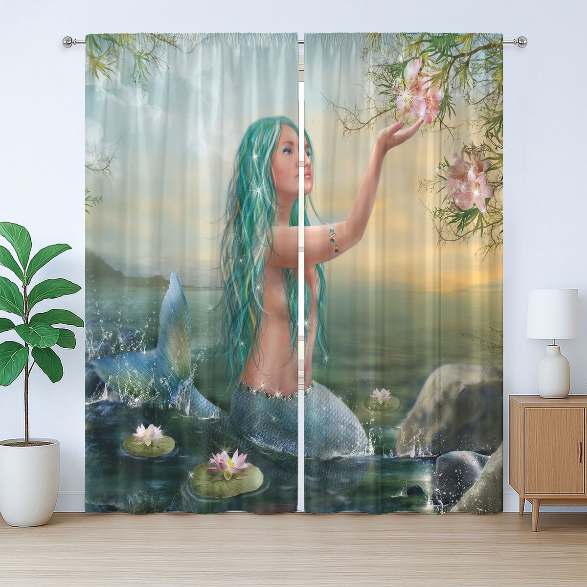 ABAKUHAUS Rustiek zeemeermingordijn, Zeemeermin en Magnolia's, met lussen en haken voor de woonkamer, 280 x 260 cm, Zeegroen Petrolblauw