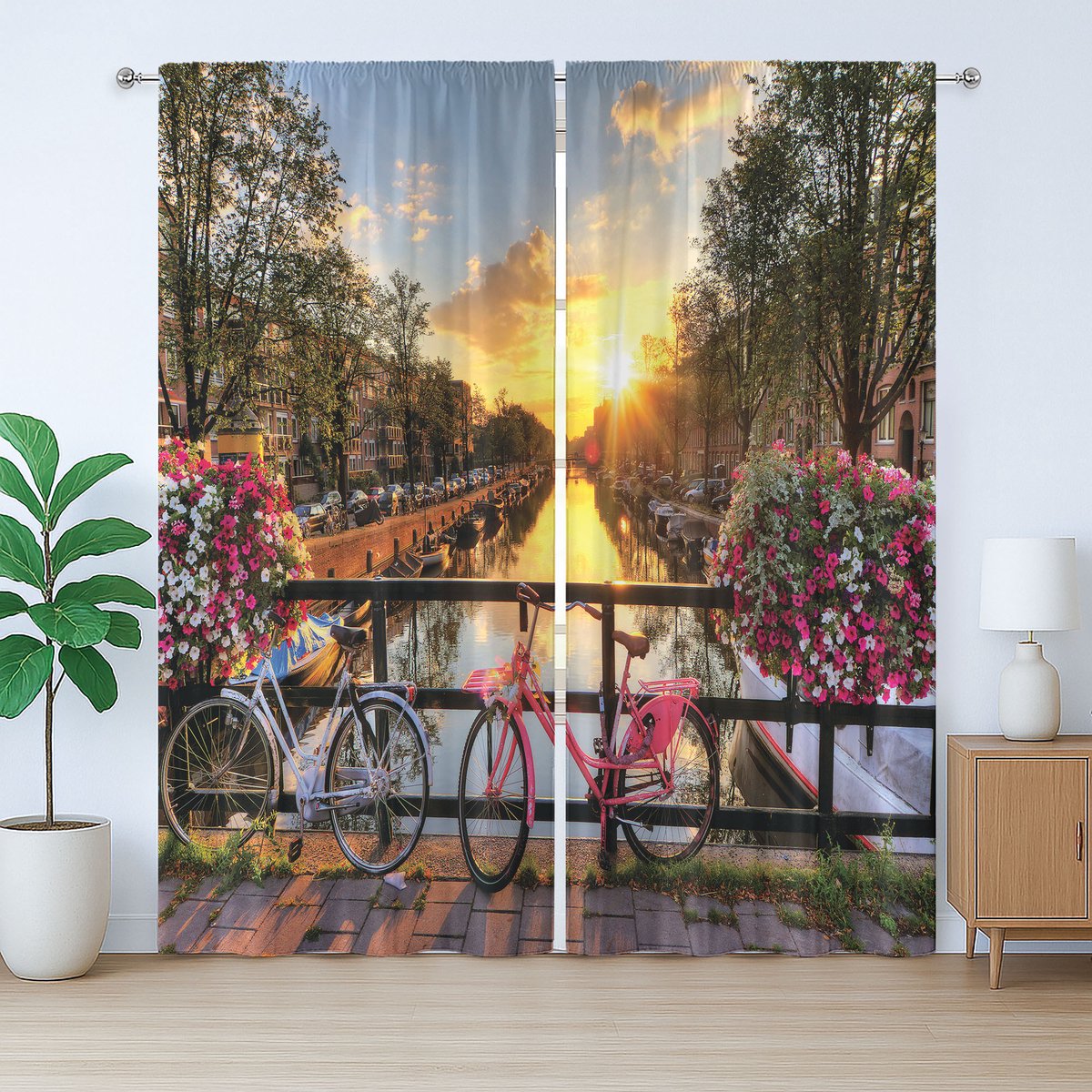 ABAKUHAUS Amsterdam Rustiek Gordijn, Zonsopgang boven de Stad, Slaapkamergordijn met Plooiing, Lussen en Haken, 280 x 175 cm, Multicolor