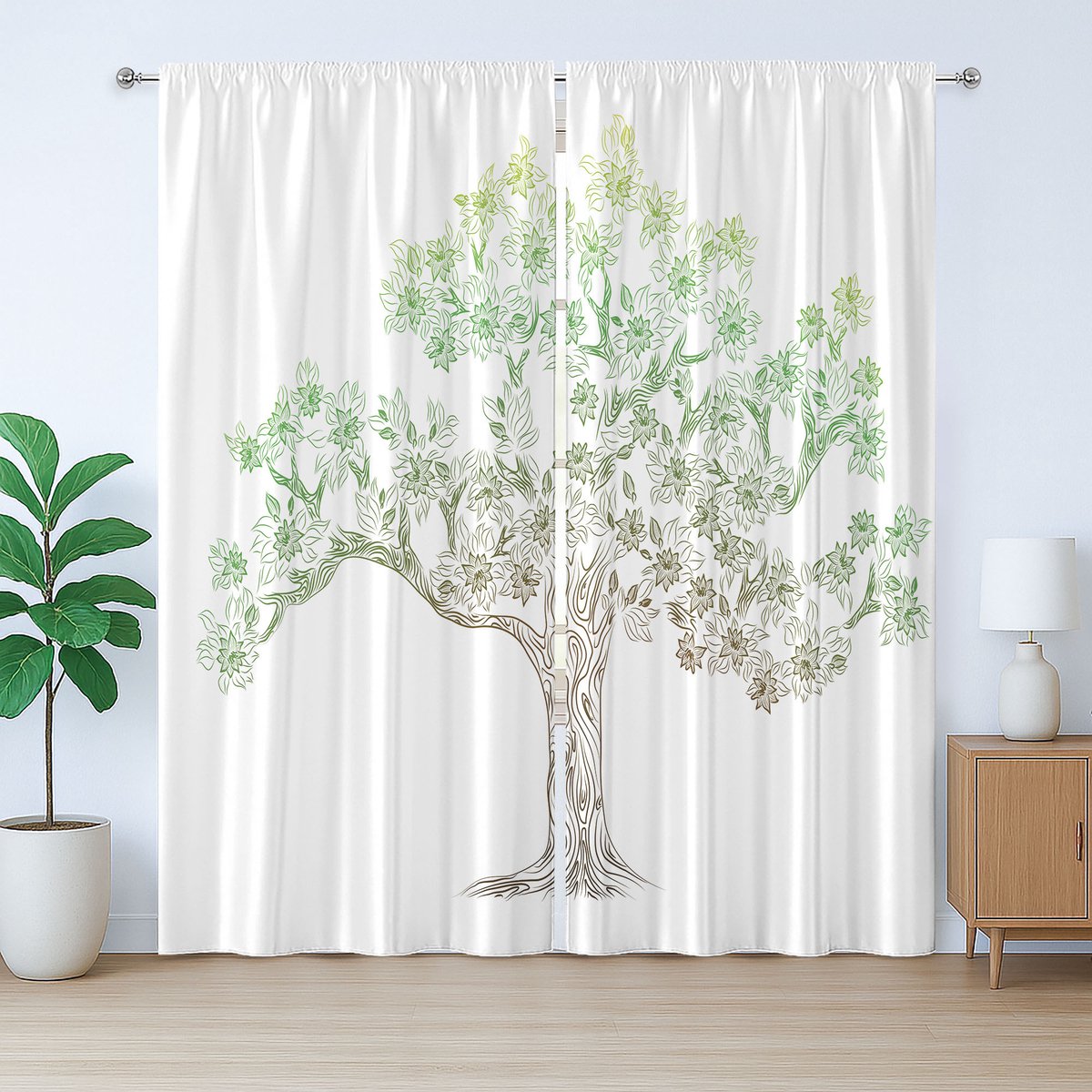 ABAKUHAUS Rustiek boomgordijn, eikenbladeren in doodle-stijl, geplooid slaapkamergordijn met lussen en haken, 280 x 245 cm, lichtgroen/varengroen