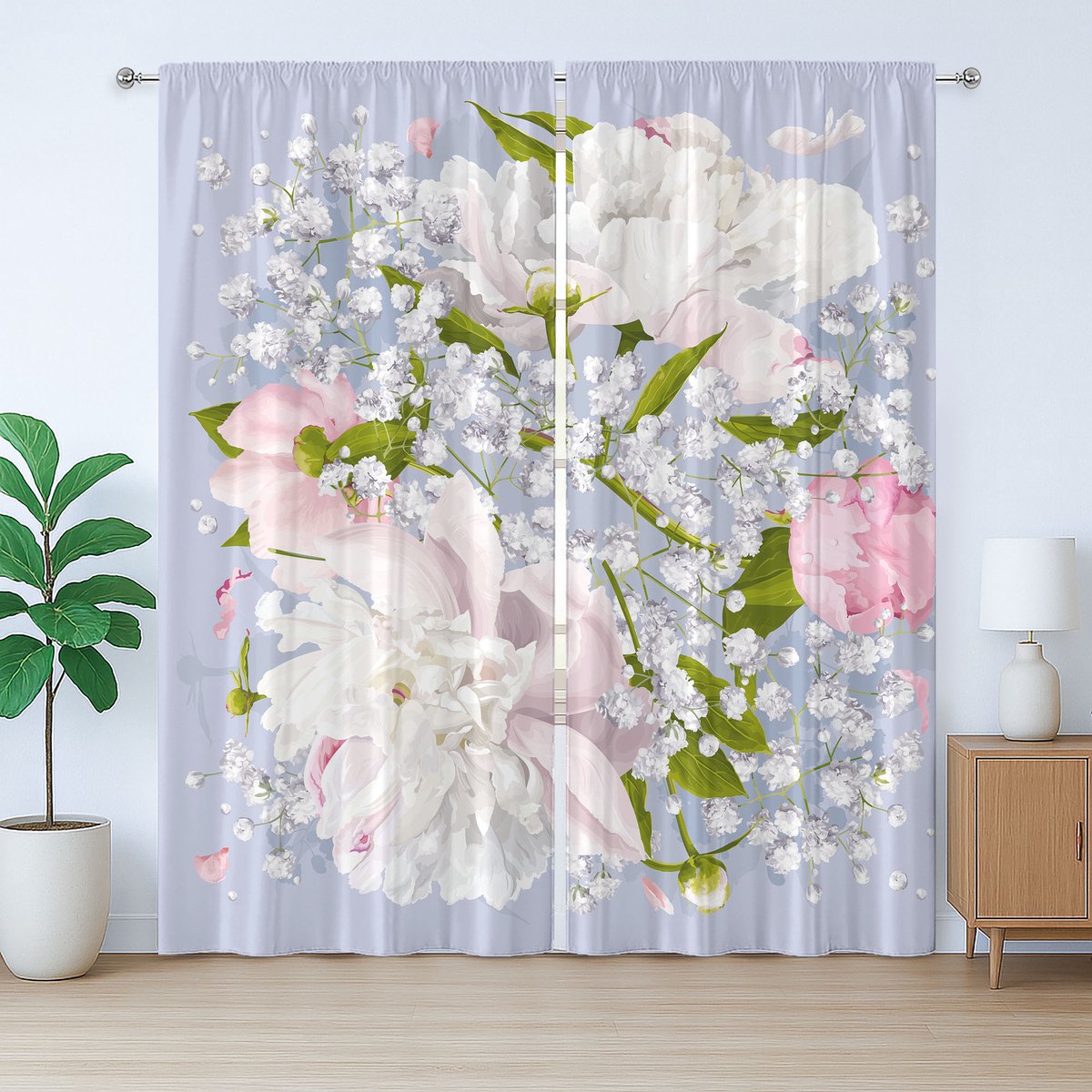 ABAKUHAUS Rustiek bloemengordijn, bruidspioenbladeren, met lussen en haken voor de woonkamer, 280 x 175 cm, lichtblauw