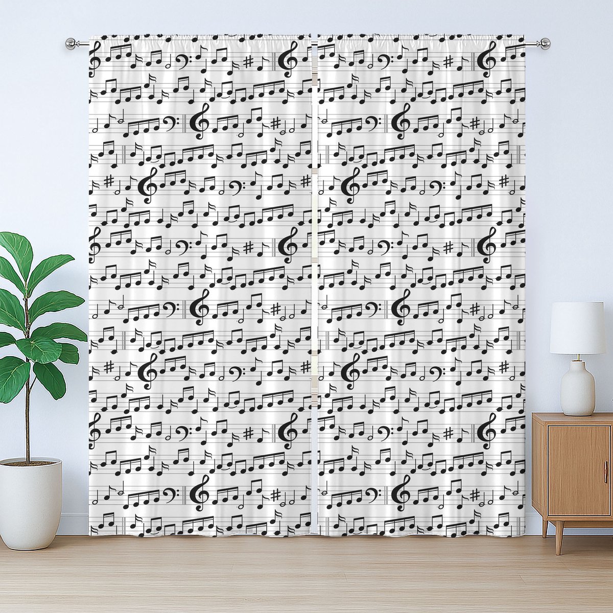 ABAKUHAUS Muziek Rustiek Gordijn, Samenvatting Sleutel Blad, Slaapkamer Gordijn met Plooiing, Lussen en Haken, 280 x 175 cm, Wit Zwart