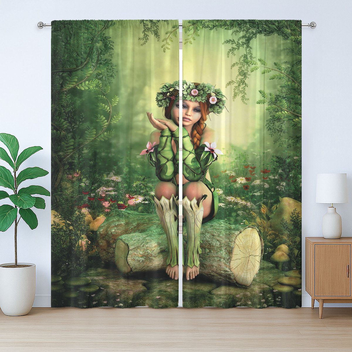 ABAKUHAUS Feeëngordijn in rustieke stijl, Elfje met krans en boom, met lussen en haken voor de slaapkamer, 280 x 260 cm, beige, groen en roze