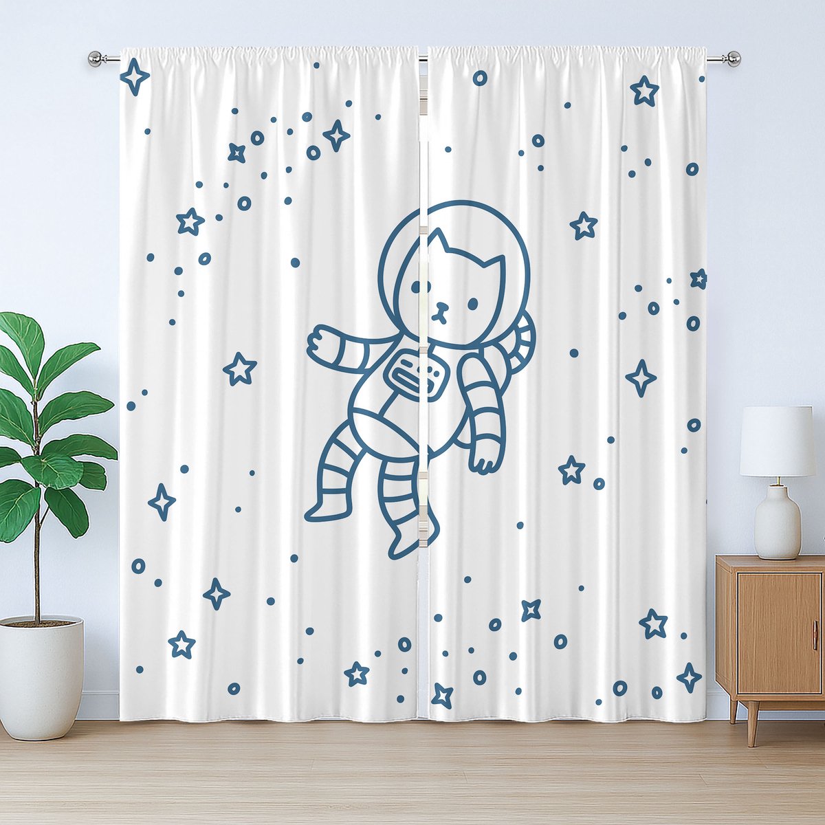 ABAKUHAUS Rustiek kattengordijn, Astronautkat in de ruimte, geplooid gordijn met lussen en haken voor de slaapkamer, 280 x 245 cm, donkerblauw