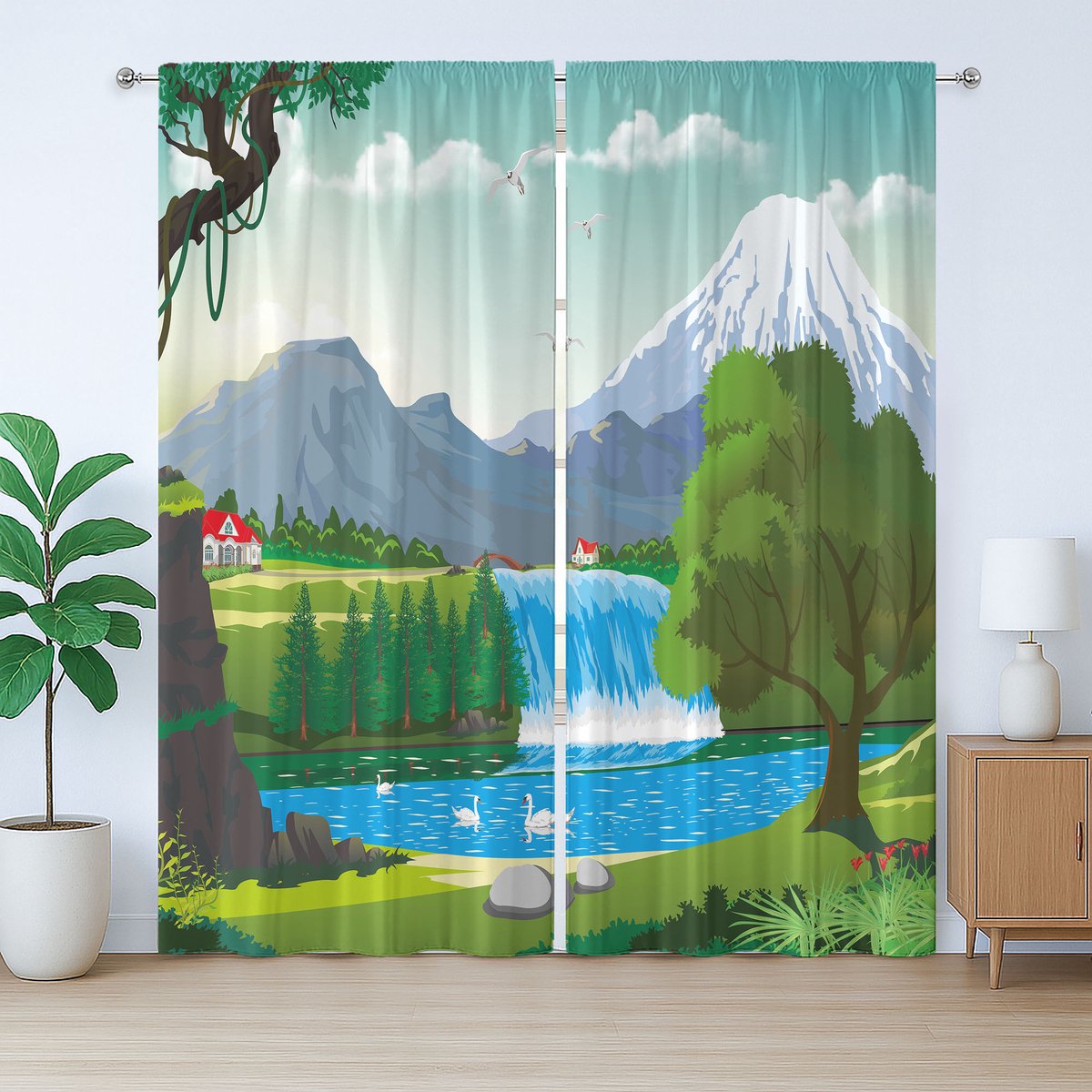 ABAKUHAUS Reisgordijn in rustieke stijl, cartoonstijl met waterval, met lussen en haken voor de slaapkamer, 280 x 175 cm, blauwgroen wit