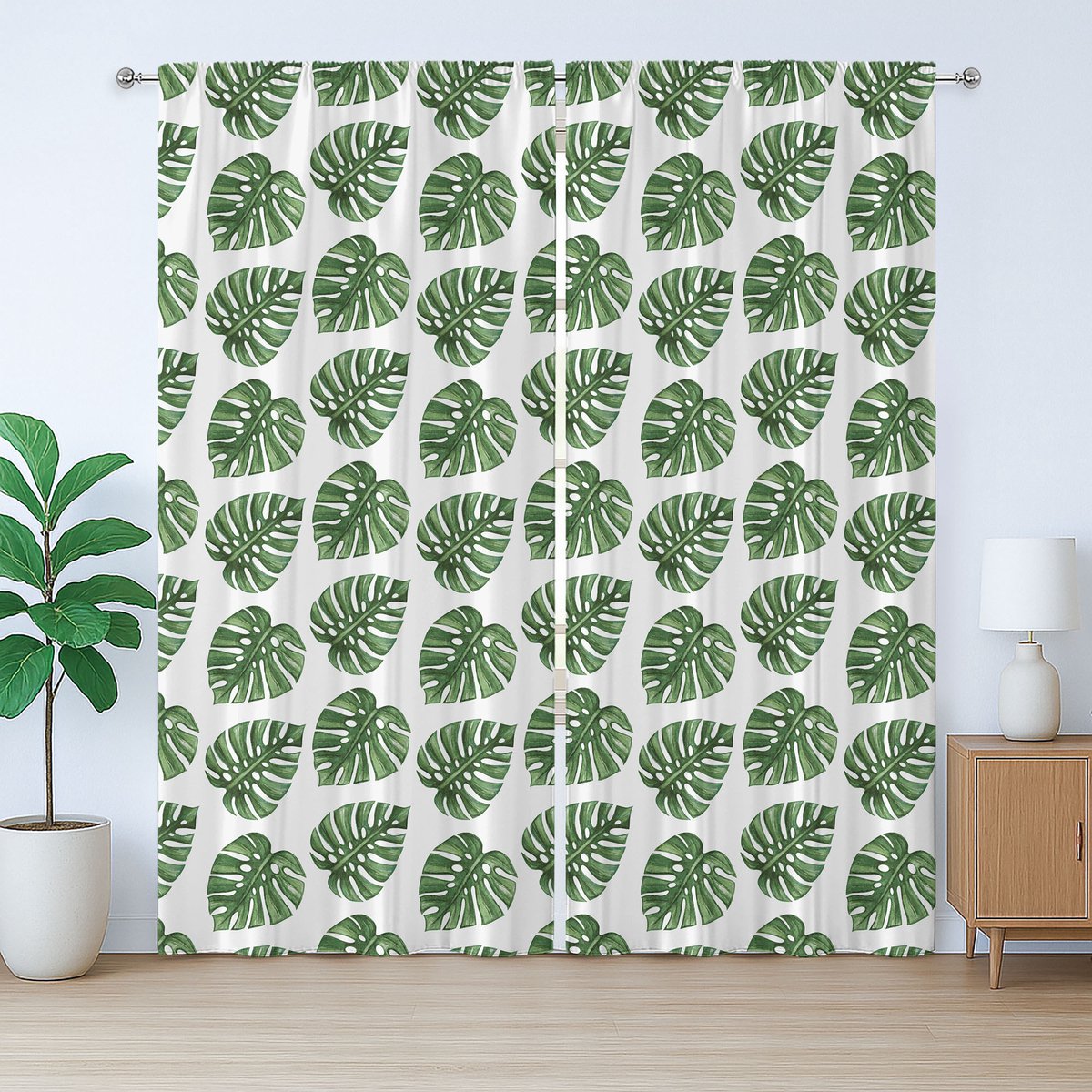 ABAKUHAUS Groen Blad Rustiek Gordijn, Natuurlijke Palmbladeren, Universele Gordijnen met Bandjes en Lussen voor de Woonkamer, 280 x 225 cm, Groen Wit