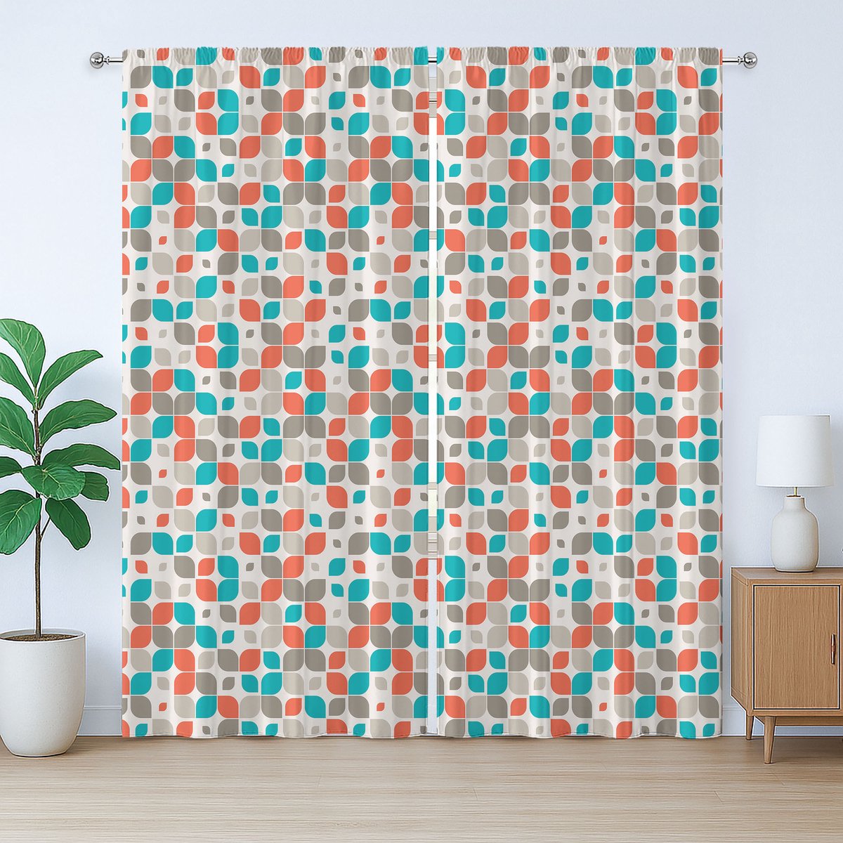 ABAKUHAUS Retro Rustiek Gordijn, Abstracte Mozaïekbloemen, met Bandjes voor de Woonkamer met Lussen en Haken, 280 x 175 cm, Grijs Turkoois Rood