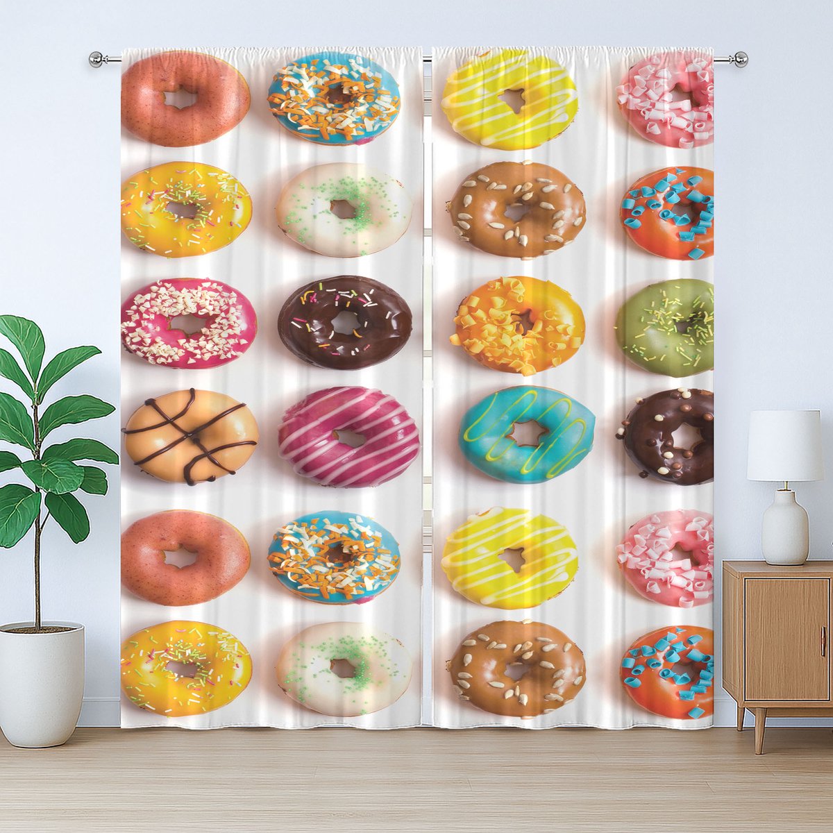 ABAKUHAUS Rustiek Dessertgordijn, Heerlijke Kleurrijke Donuts, met Bandjes voor de Woonkamer met Lusjes en Haken, 280 x 225 cm, Multicolor