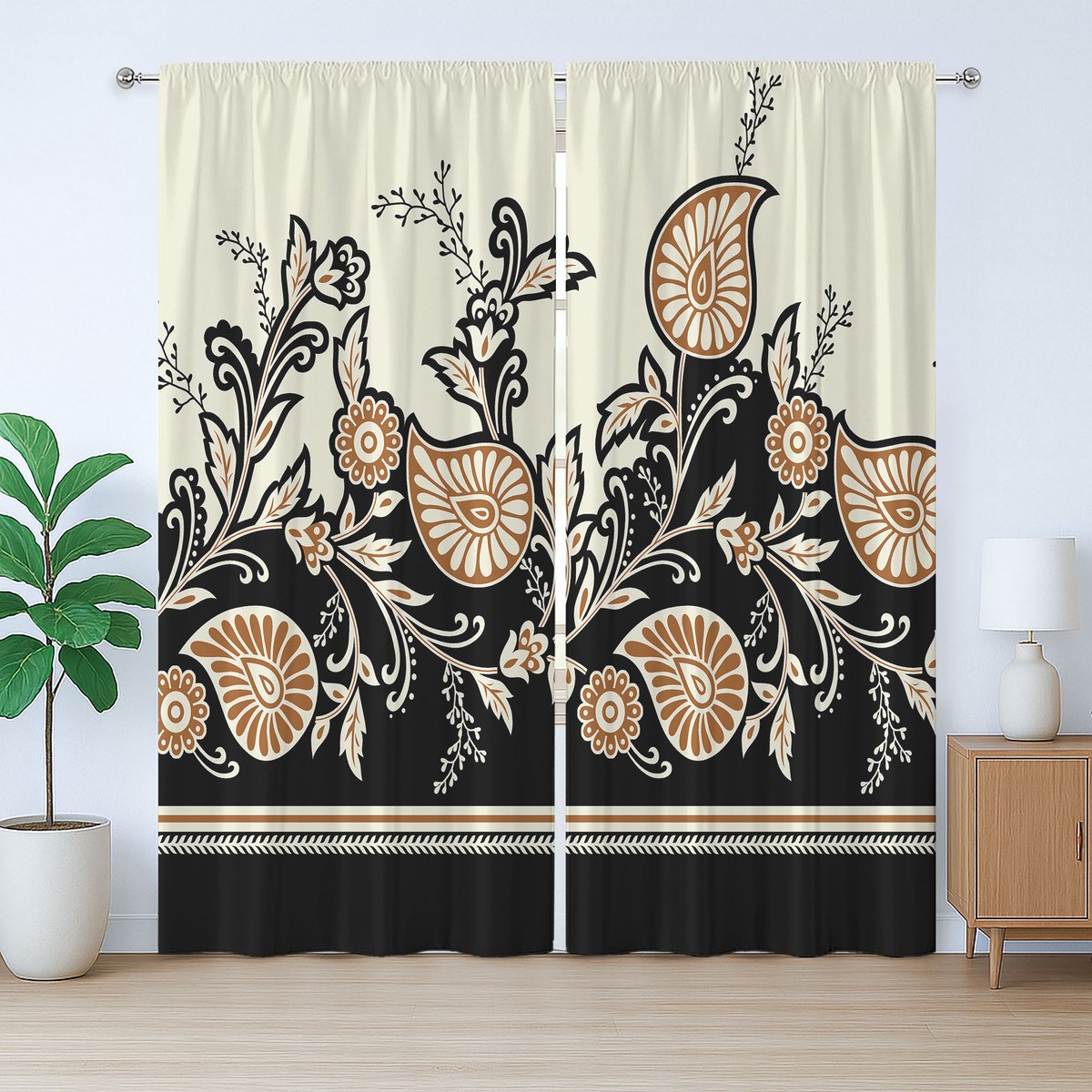ABAKUHAUS Bruin Paisley Rustiek Gordijn, Traditioneel Bloemenpatroon, met Bandjes, Lusjes en Haken , 280 x 245 cm, Eierschaal Antracietgrijs