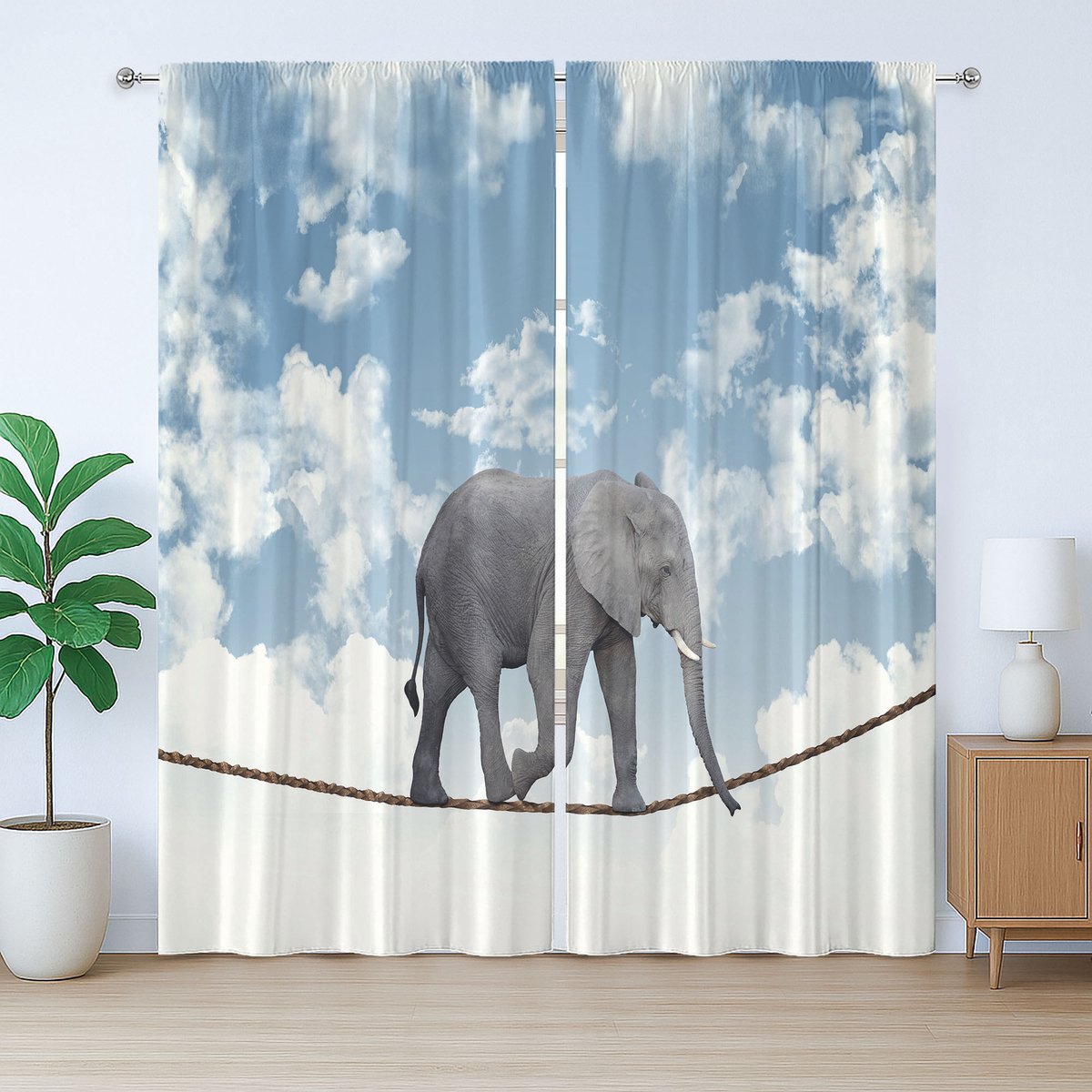 ABAKUHAUS Afrikaans rustiek gordijn, klassiek olifantenmotief, slaapkamergordijn met plooien, lussen en haken, 280 x 260 cm, blauwgrijs wit grijs